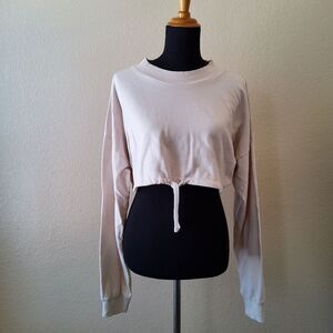 Boxy Crop Oversized Sweatshirt with Drawstring Size S / M Beige New